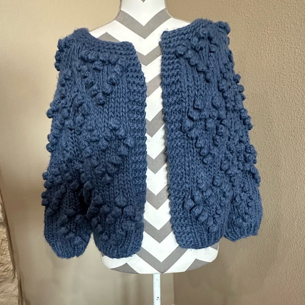 Hand-Knit Popcorn Stitch Cardigan Sweater in Slate Blue